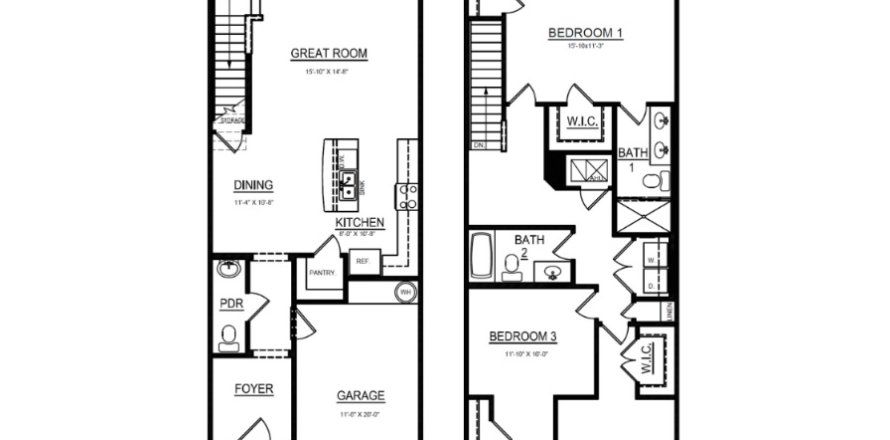 Планировка таунхауса «Townhouse» 3 спальни в ЖК Woodleaf Hammock at Lakewood Ranch