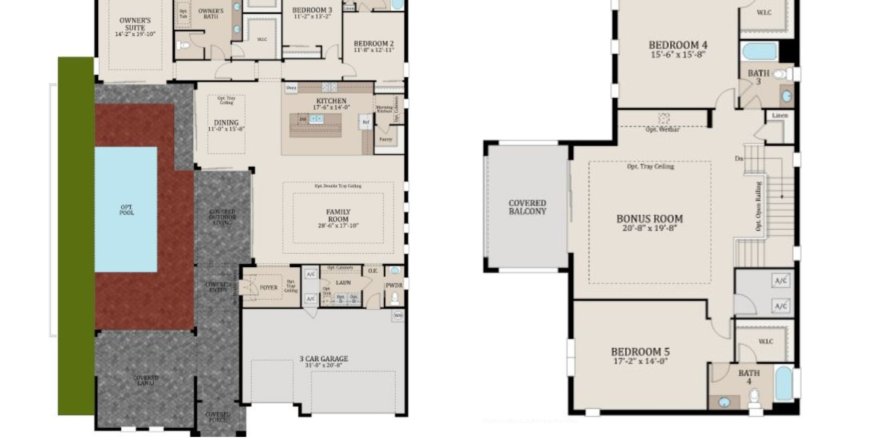 Планировка Виллы или дома «floor Courtyard 3» 5 комнат в ЖК Robins Cove at Epperson by Biscayne Homes