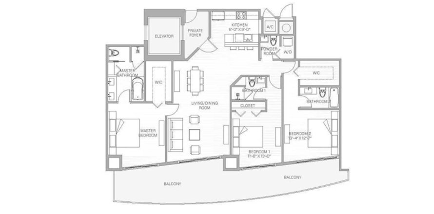 Планировка квартиры «3BR 148SQM» 3 спальни в ЖК ARIA ON THE BAY